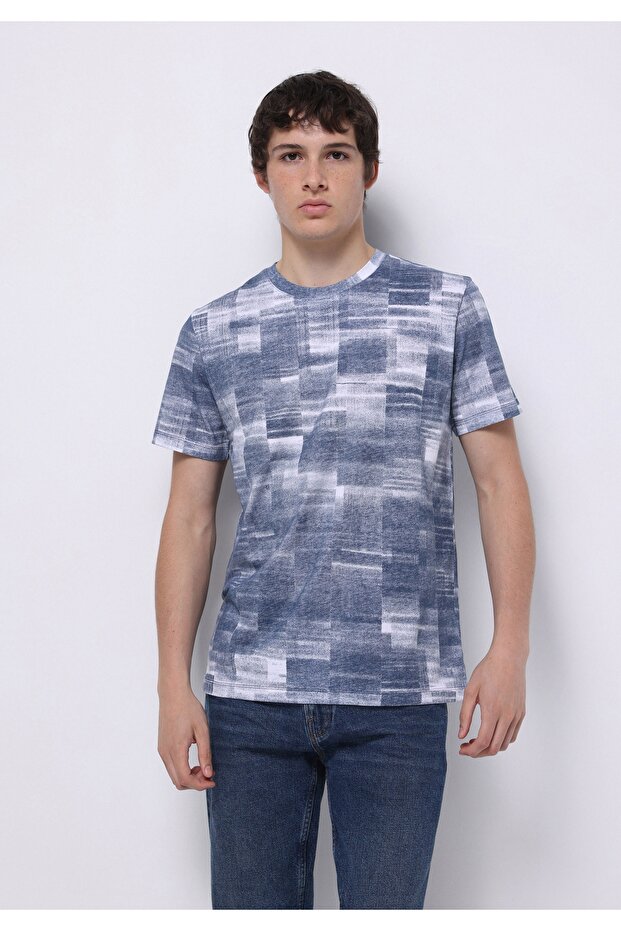 Regular Fit Round Neck Printed Men's Blue Short Sleeve T-Shirt