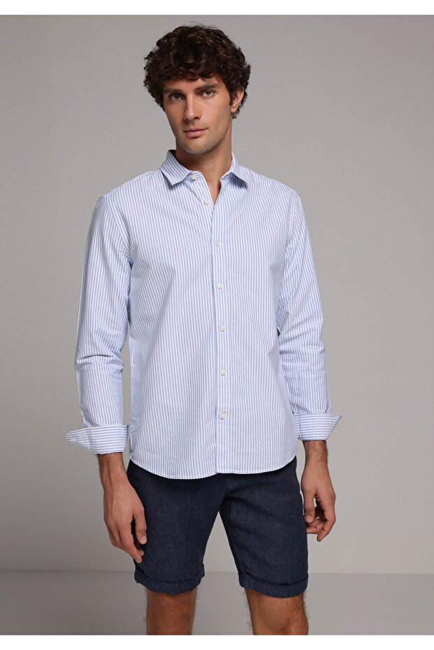 Regular Fit Shirt Neck Striped Men's Blue Long Sleeve Shirt