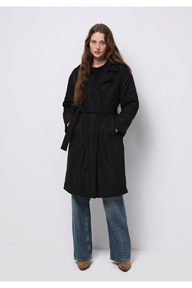 Regular Fit Hooded Zippered Lined Detachable Hooded Women's Black Coat