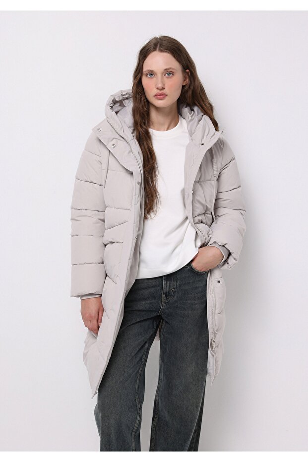 Regular Fit Hooded Zippered Lined Water Resistant Women's Stone Coat