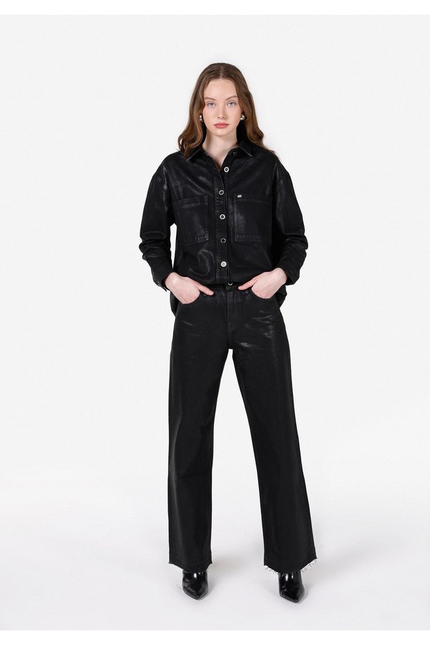 Regular Fit High Waist Wide Leg Women's Black Jean Trousers