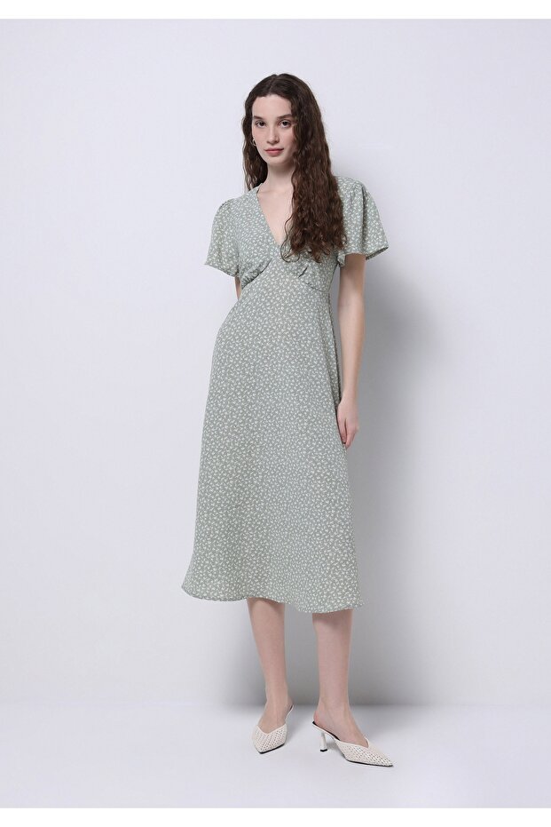 Regular Fit Women's Floral Pattern Printed Green Dress