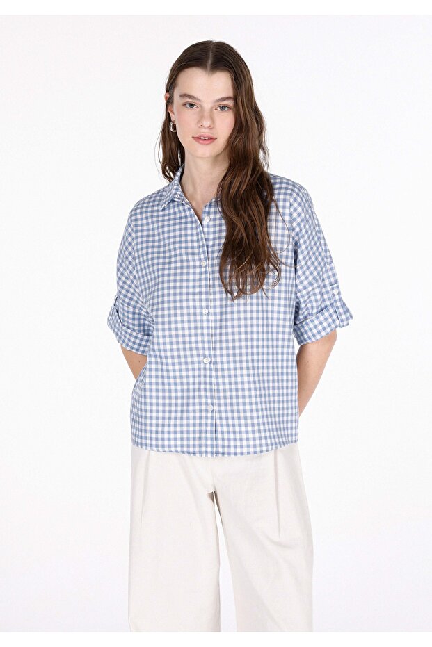 Regular Fit Shirt Neck Checked Women's Blue Roll-Up Shirt