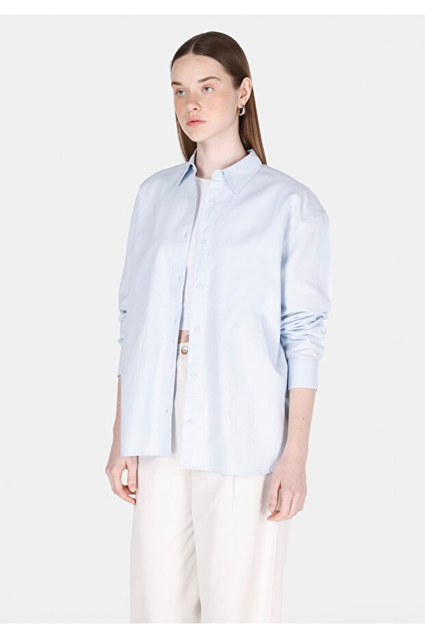 Relax Fit Pocketless Shirt Neck Plain Women's Blue Long Sleeve Shirt