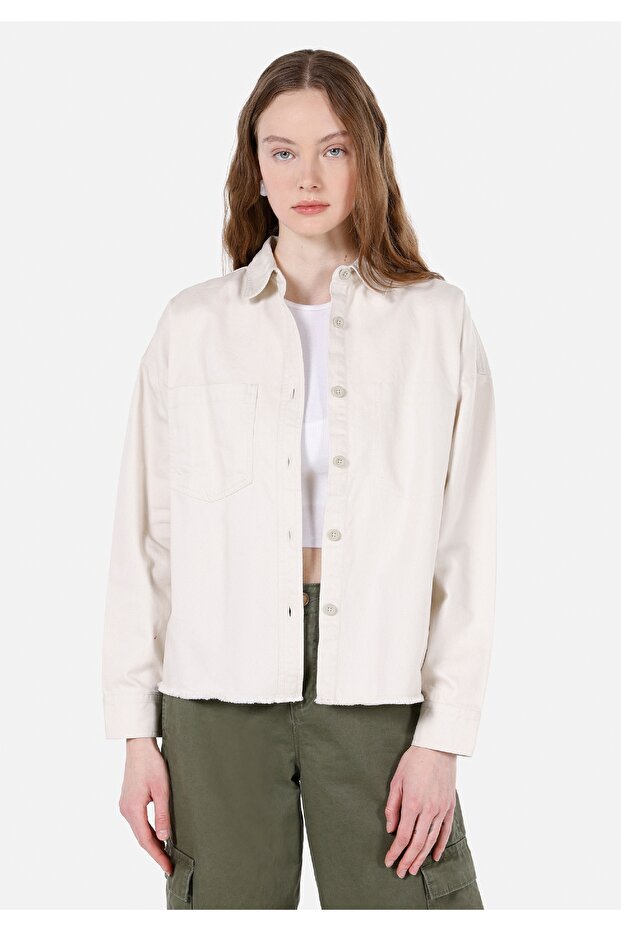 Regular Fit Shirt Neck Plain Women's Ecru Long Sleeve Shirt