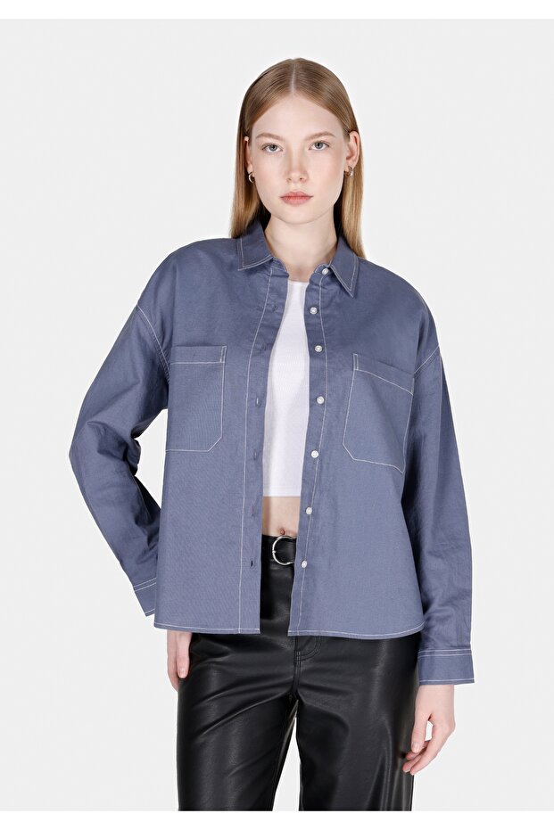 Regular Fit Shirt Neck Plain Women's Blue Long Sleeve Shirt
