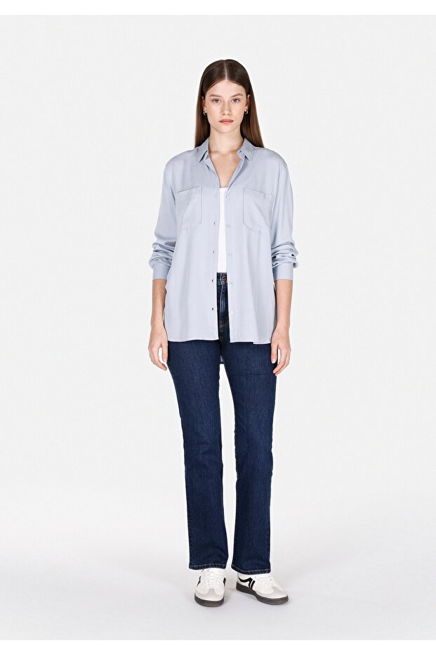 Viscose Regular Fit Shirt Neck Plain Women's Blue Roll-Up Shirt