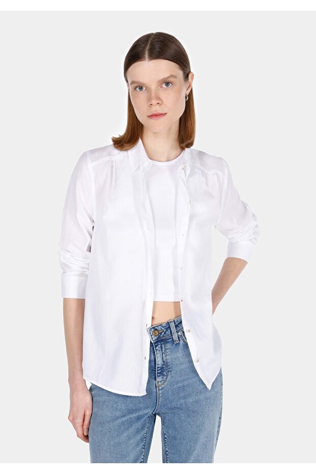Regular Fit Shirt Neck Plain Women's White Long Sleeve Shirt