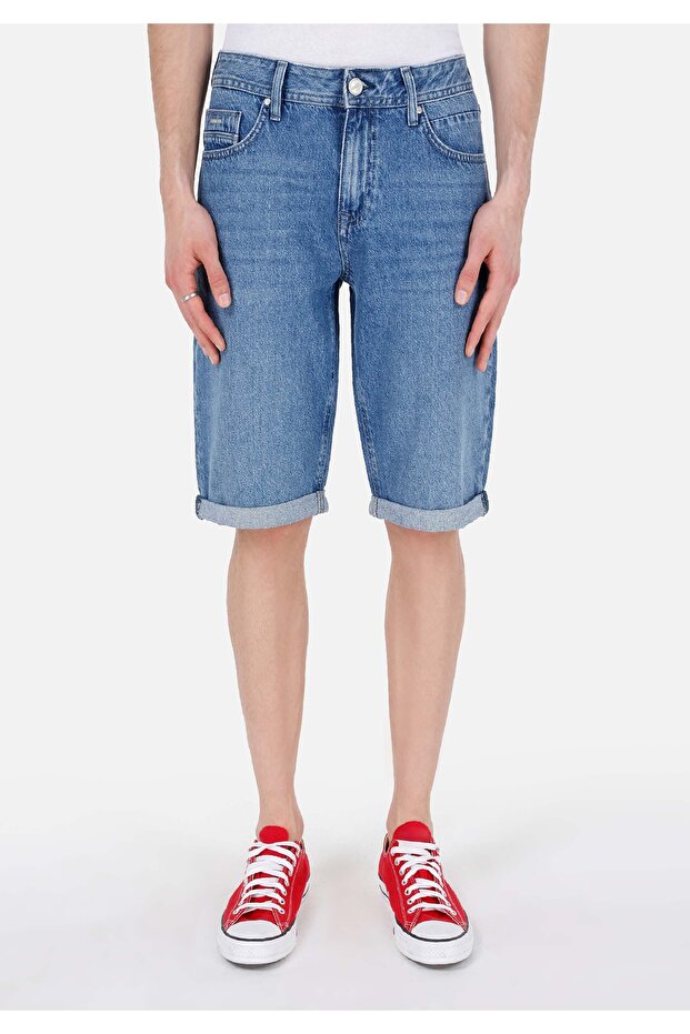 Straight Fit Düşük Bel Erkek Mavi Jean Şort - 4