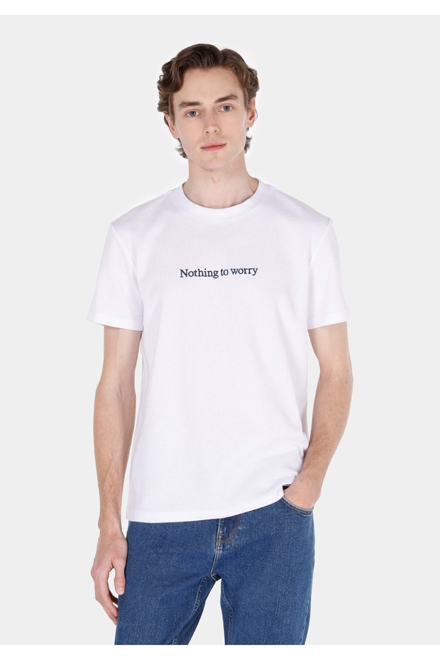 Regular Fit Round Neck Jacquard Men's White Short Sleeve T-Shirt