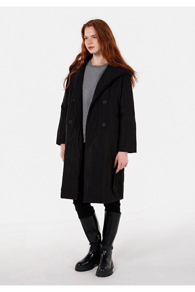 Regular Fit Hooded Pocketed Women's Black Coat
