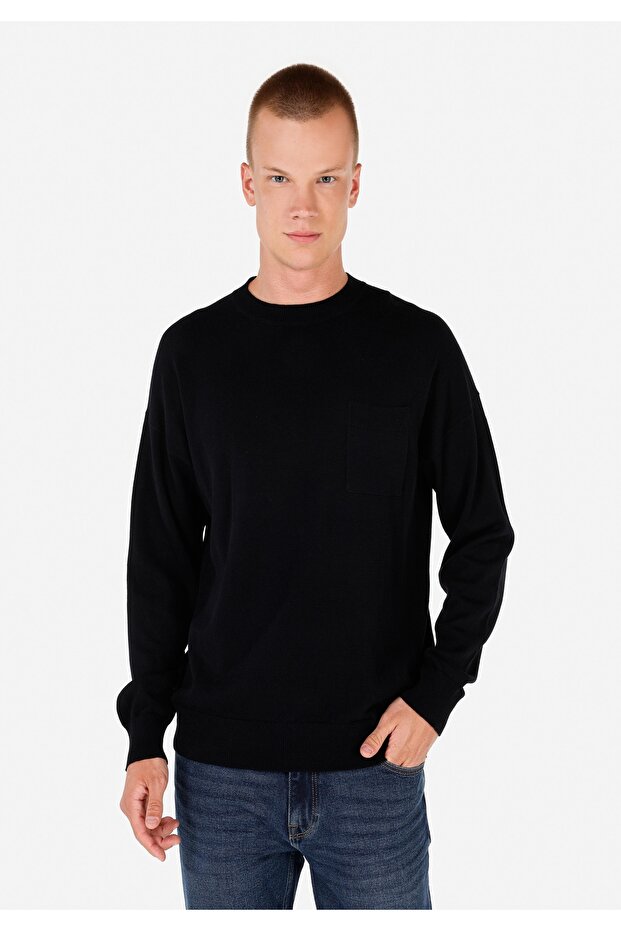 Comfort Fit Round Neck Pocketed Jacquard Men's Black Sweater