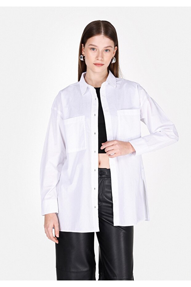 Regular Fit Shirt Neck Cotton Lu Plain Women's White Long Sleeve Shirt