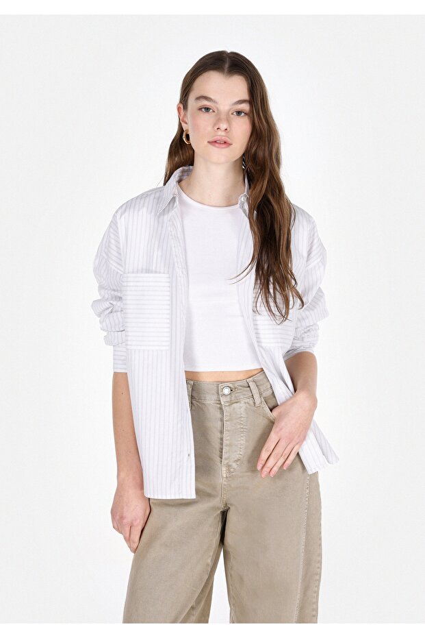 Regular Fit Shirt Neck Striped Women's White Long Sleeve Shirt