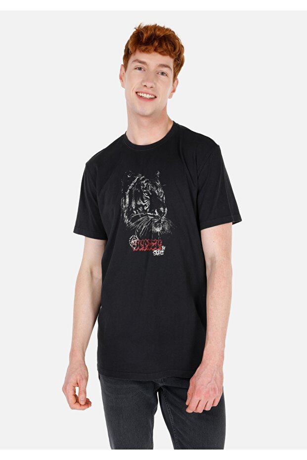 Regular Fit Round Neck Men's Anthracite Short Sleeve T-Shirt