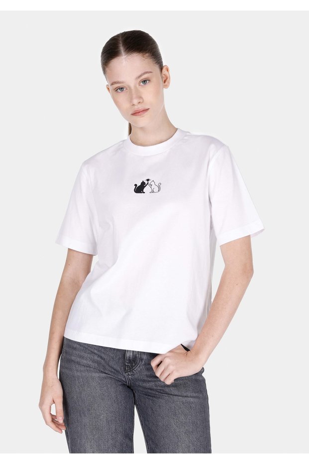 Regular Fit Cotton Round Neck Printed Women's White Short Sleeve T-Shirt