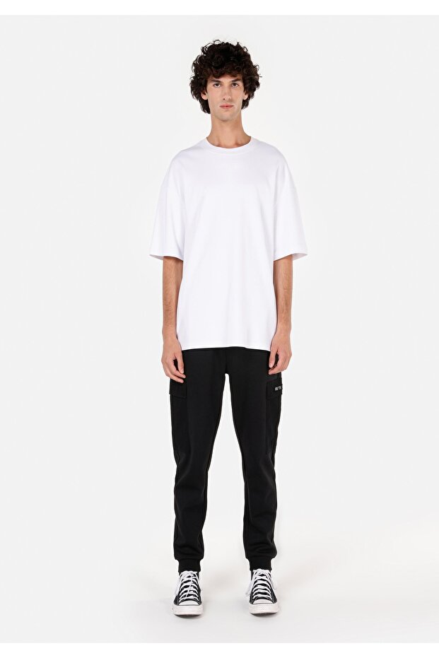 Slim Fit Mid-Waist Men's Cotton Blend Black Sweatpants