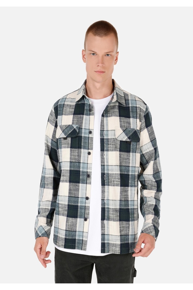 Regular Fit Shirt Neck Plaid Men's Green Long Sleeve Shirt