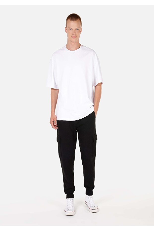 Regular Fit Mid Waist Men's Cotton Blend Black Sweatpants