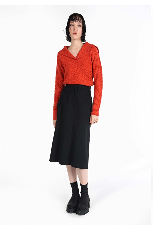 Comfortable Cut Pocket Detailed Maxi Black Women's Skirt