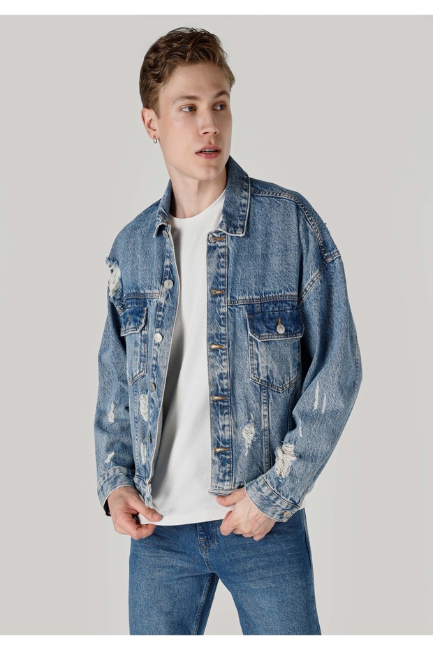 Relaxed Cut Ripped Detailed Denim Men's Jacket Cl1062450