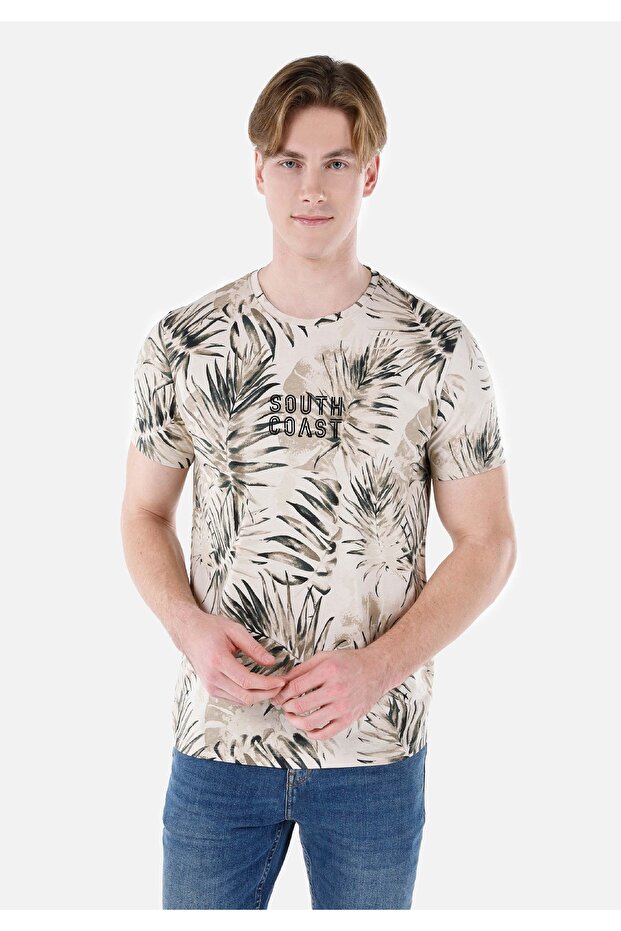 Regular Fit Crew Neck Printed Beige Men's Short Sleeve T-Shirt Cl 1067738