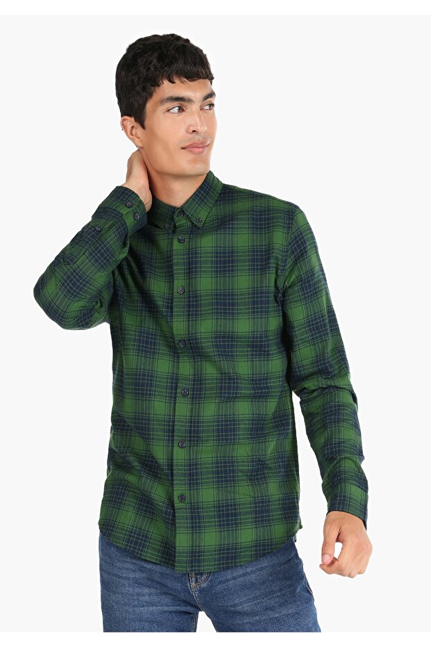Slim Fit Shirt Neck Plaid Men's Green Long Sleeve Shirt