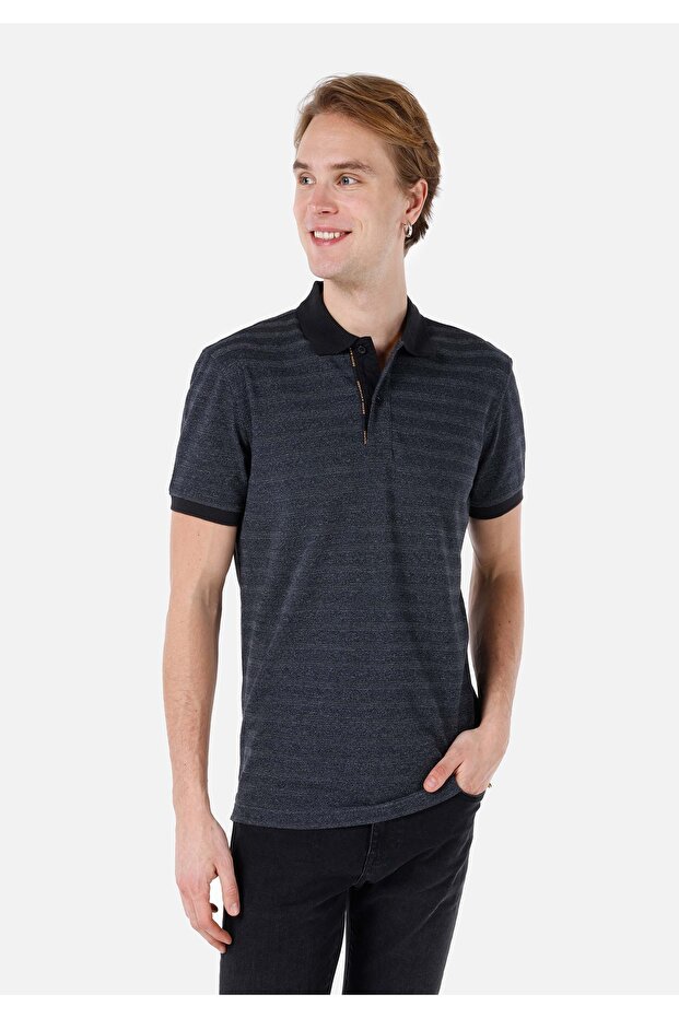 Regular Fit Polo Neck Striped Men's Anthracite Short Sleeve T-Shirt