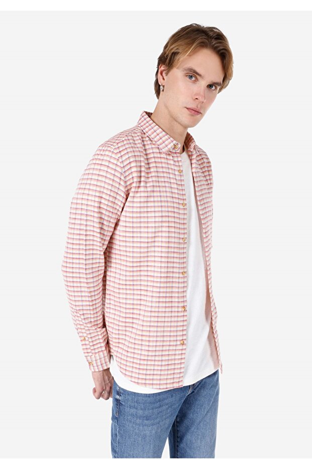 Slim Fit Shirt Neck Checked Men's Orange Long Sleeve Shirt