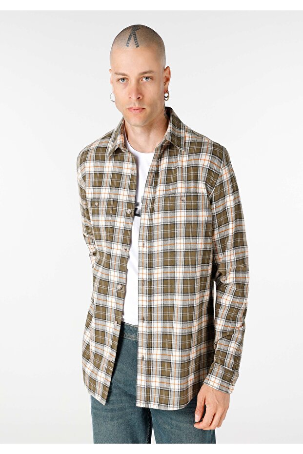 Regular Fit Shirt Neck Plaid Men's Green Long Sleeve Shirt