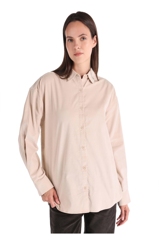Regular Fit Shirt Neck Plain Women's Beige Long Sleeve Shirt