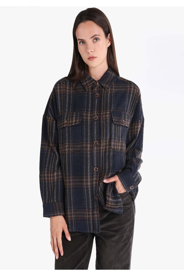 Relaxed Fit Shirt Neck Checked Women's Navy Blue Long Sleeve Shirt