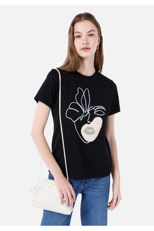 Regular Fit Crew Neck Printed Black Women's Short Sleeve T-Shirt Cl 1068429