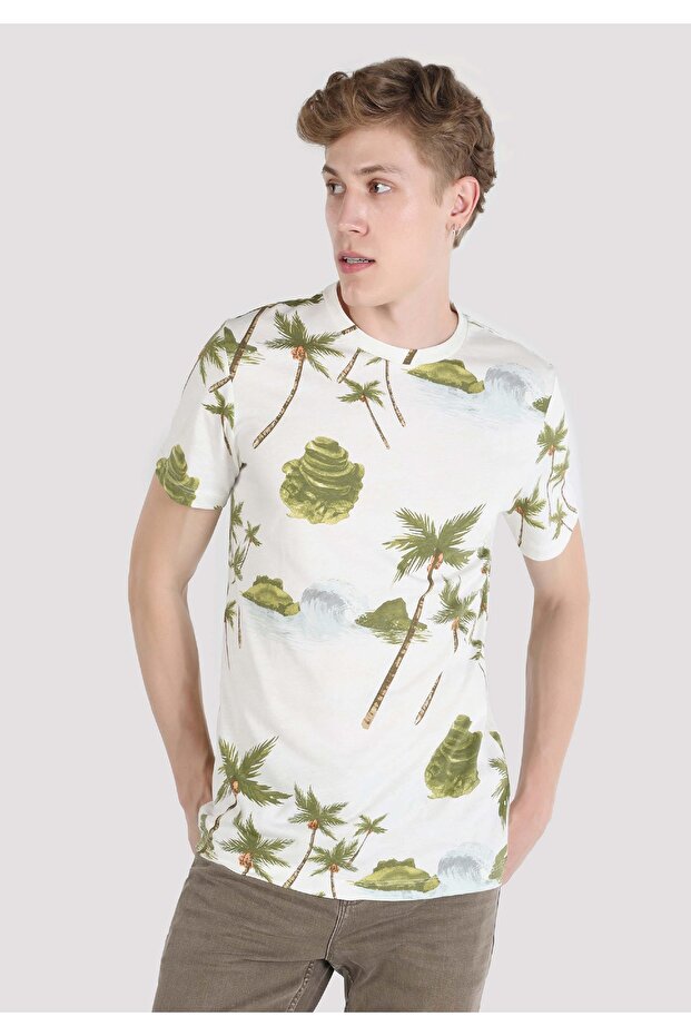 Regular Fit Round Neck Printed Men's Ecru Short Sleeve T-Shirt