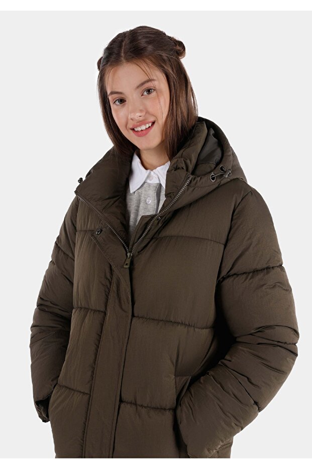 Regular Fit Hooded Zippered Lined Women's Green Coat