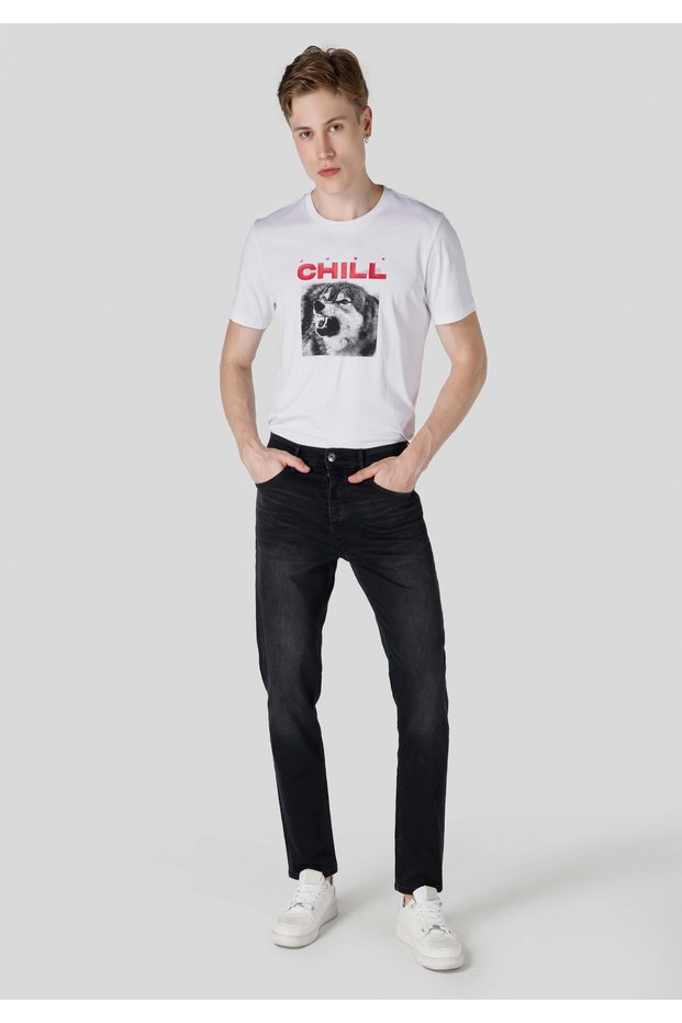 Loose Straight Fit Mid Waist Straight Leg Men's Black Jean Trousers