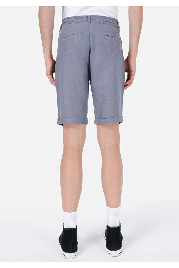 Regular Fit Dokuma Orta Bel Düz Erkek Mavi Şort - 2