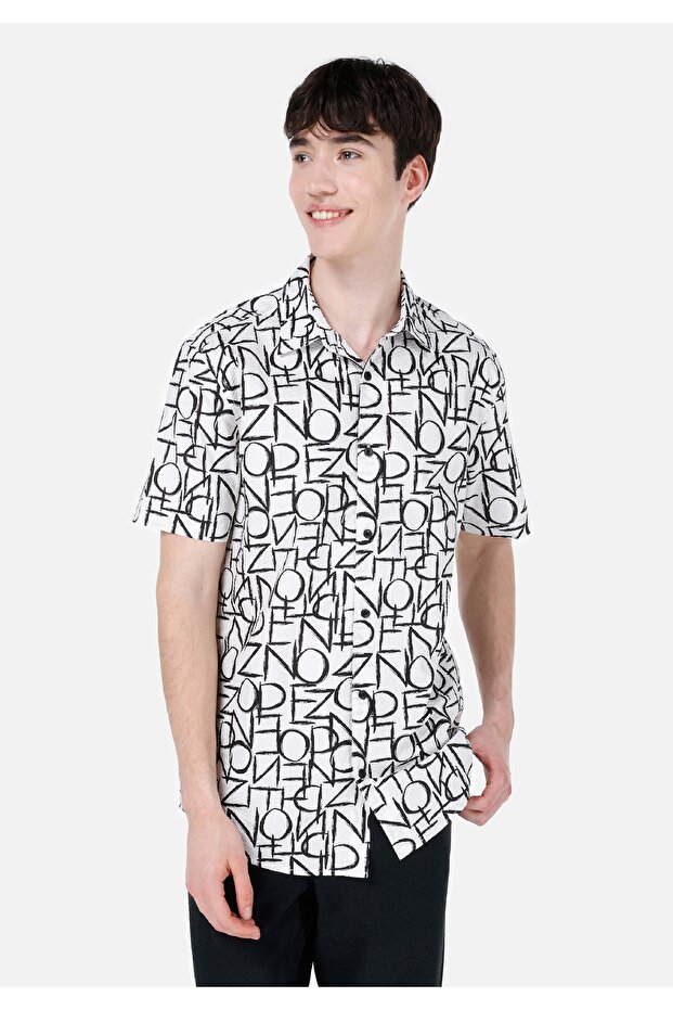 Regular Fit Shirt Neck Printed Men's White Short Sleeve Shirt