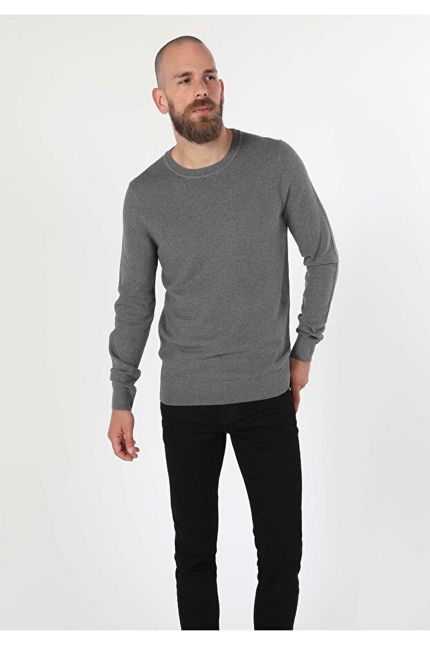 Regular Fit Crew Neck Men's Gray Melange Sweater Cl 1046786