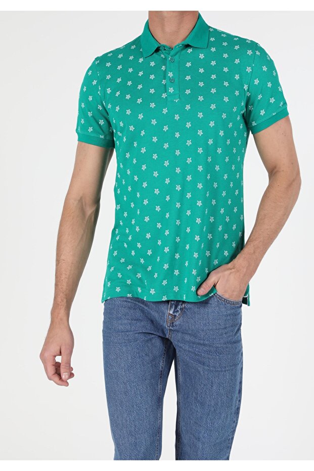 Regular Fit Polo Neck Men's Green Short Sleeve T-Shirt
