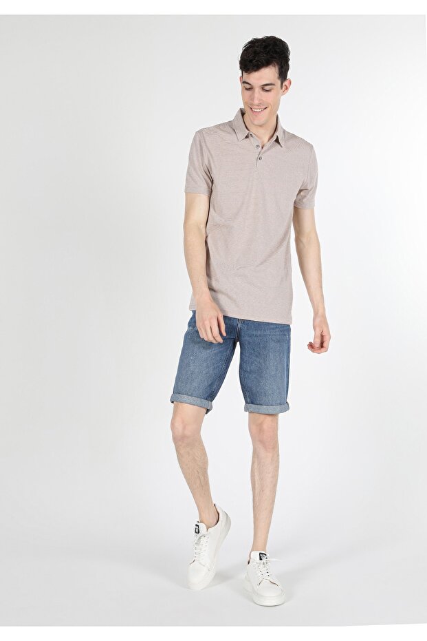 Regular Fit Polo Neck Plain Men's Beige Short Sleeve T-Shirt