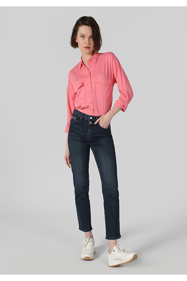 Slim Fit Mid Waist Straight Leg Women's Indigo Jean Trousers