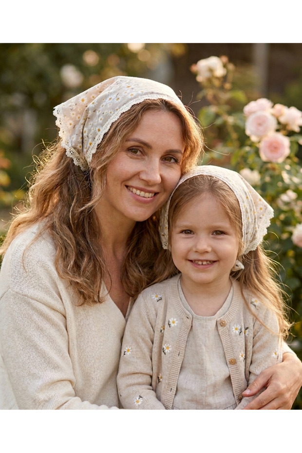 Mother-Daughter Combination Bandana – Cotton Daisy Patterned Lace-Tied Hairband Set