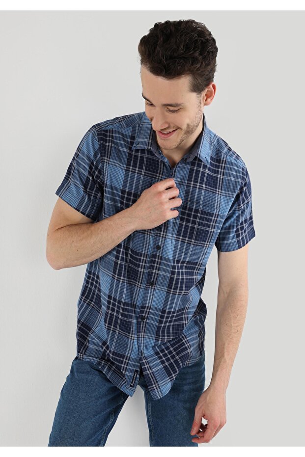 Regular Fit Shirt Neck Plaid Li Men's Navy Blue Short Sleeve Shirt