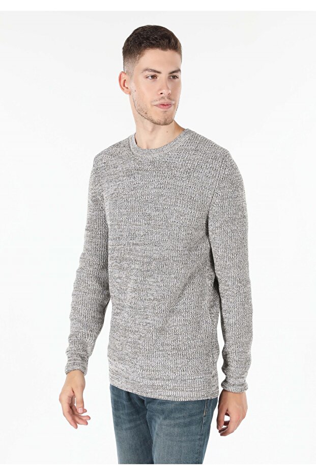 Slim Fit Round Neck Jacquard Men's Beige Sweater