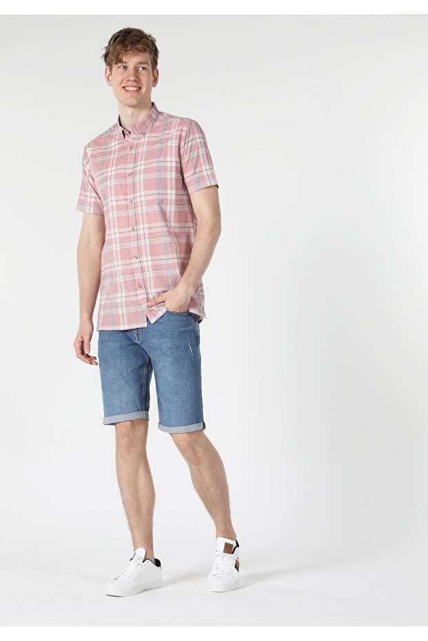 Regular Fit Shirt Neck Men's Orange Short Sleeve Shirt