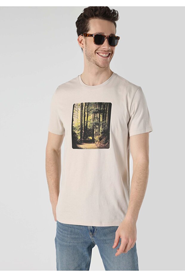 Regular Fit Round Neck Printed Men's Beige Short Sleeve T-Shirt