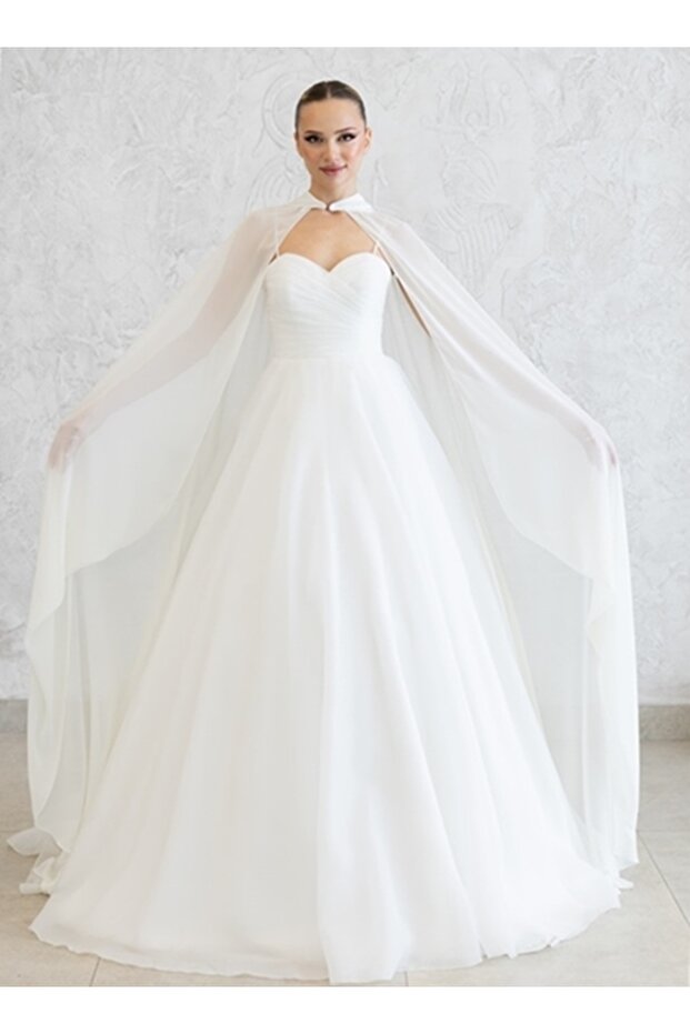 White Chiffon Kaftan-Wedding Dress with Overlay Cape-Bindalli-Chiffon Kaftan-White Kina Dress