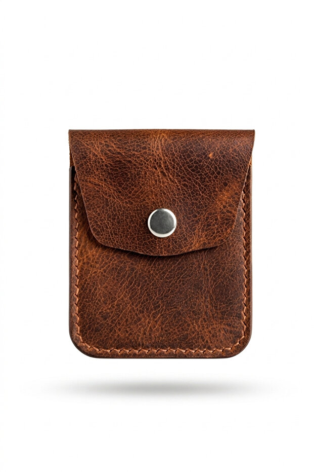 Genuine Frisco Leather Card Holder Wallet – Handmade, Minimal Design with Snap Closure, Slim & Stylish - Brown