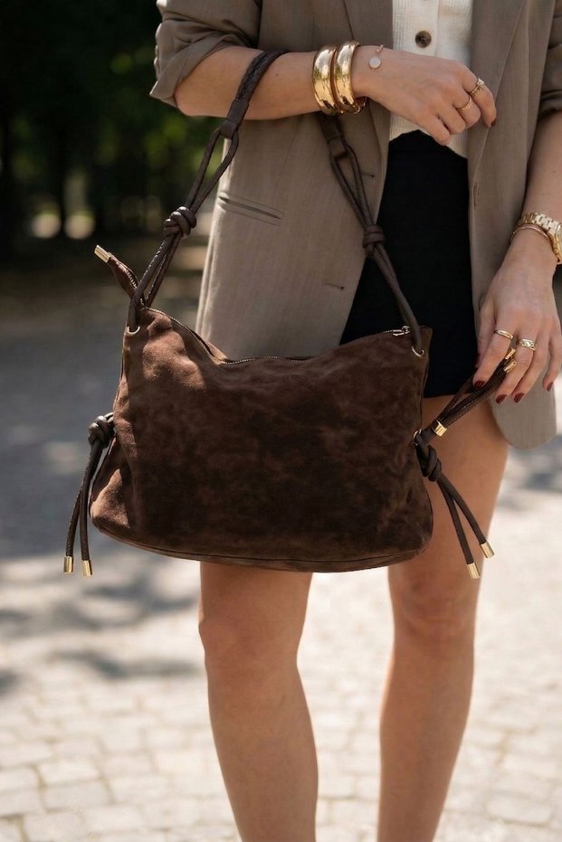Women's Genuine Leather Hand and Shoulder Bag with Inner Pocket and Zipper Teroze Brown Suede